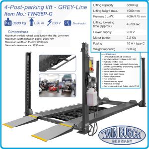 Подемник четириколонен, 3.6t, паркинг система, хидравличен, 230V, 2.2kW, Twin Busch, TW 436P-230G.