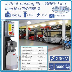 Подемник четириколонен, 3.6t, паркинг система, хидравличен, 230V, 2.2kW, Twin Busch, TW 436P-230G.