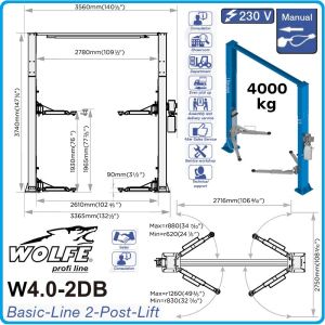 Подемник двуколонен, 4.0t, горна синхронизация, крик електрохидравличен, WOLFE, W42GDB