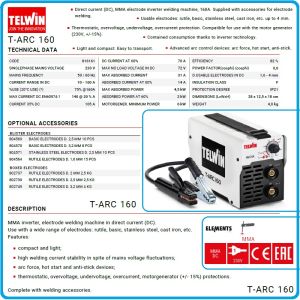 Инвертор, заваръчен апарат, ACX 160A, Ø1.6-3.2mm, MMA DC, Telwin, T-ARC 160, 816161.