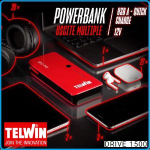 Стартиращо устройство 1500A, външна батерия, 12V, LiPo, 12Ah, Telwin, DRIVE 1500, 829569.
