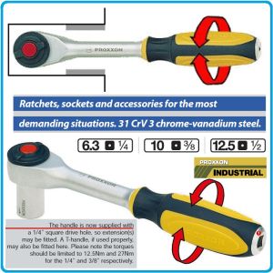 Тресчотка с ротационна дръжка, 1/4", 3/8" или 1/2", 52 зъба, 7°, 12,5Nm, 27Nm или 42Nm, PROXXON, 23082-4.