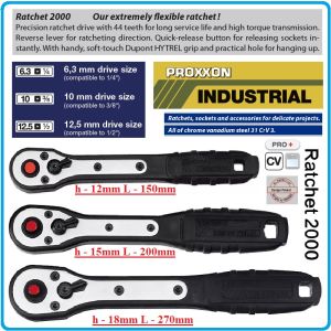 Тресчотка 2000 с плоска PVC дръжка, 1/4", 3/8", 1/2", 8°, 44 зъба, 150-200-270mm, PROXXON, 23170-80-90.