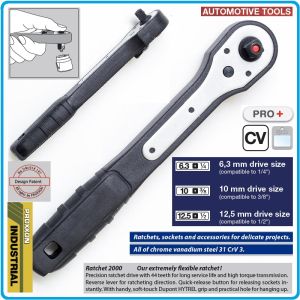 Тресчотка 2000 с плоска PVC дръжка, 1/4", 3/8", 1/2", 8°, 44 зъба, 150-200-270mm, PROXXON, 23170-80-90.