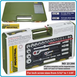 Гедоре, Inch/zoll, шестостен 65ч. на 1/4" и 1/2", вложки от 5/32" до 1-3/8" к-т, тресчотки 72з, Proxxon, 23294.