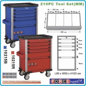 Количка оборудвана, ЧЕРВЕНА, к-т, 210 части, 5отд, Force, 10215R