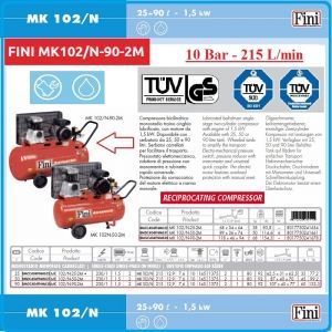 Компресор, Бутален, 90L, 215 L/min, 10Bar, Fini, MK102/N-90-2M