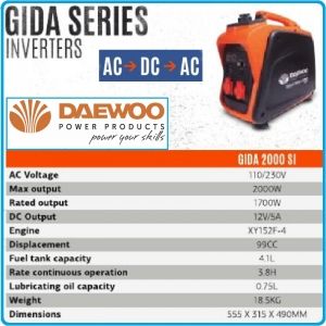 Генератор, за ток, агрегат, инверторен, 230V, 2.0kW, Daewoo, GIDA 2000 SI