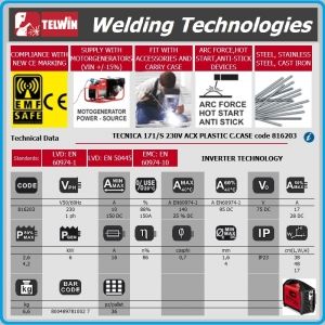 Инвертор, заваръчен апарат, к-т, 140А, Ø1.6-4mm, Telwin, TECNICA 171/S