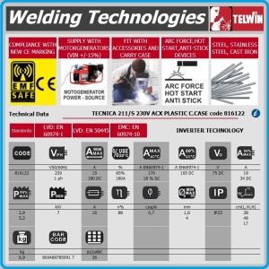 Инвертор, заваръчен апарат, к-т, 170А, Ø1.6-4mm, Telwin, TECNICA 211/S