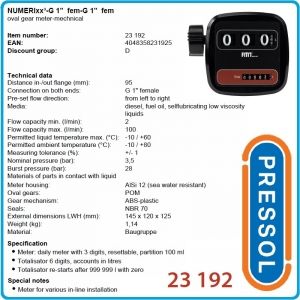 Разходомер за дизел, 3.5Bar, аналогов брояч, 1", 100L/min, Pressol, 23192