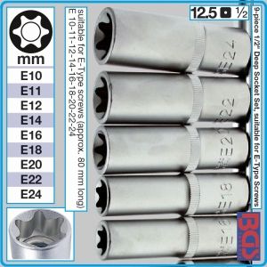 Вложки E-Torx, к-т 9бр, дълги h80mm, E10/24L, на 1/2"-12.5mm, BGS, 2026