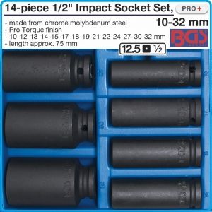 Вложки ударни, удължени, комплект, 14части, 1/2", 10-32mm, BGS, 5207