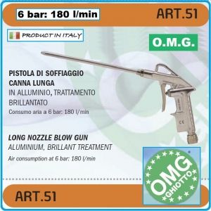 Пистолет за обдухване, пневматичен, дълъг, "L", 6Bar, 180l/min, OMG, 51