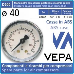 Манометър аксиален, атмосферен, 0-12Bar, 1/8", Ø40mm, Vepa, D200/1