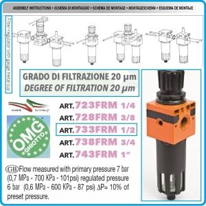 Филтър с регулатор и манометър, кондензоотделител на 1/2", 18Bar, 2000l/min, OMG, 733FRM