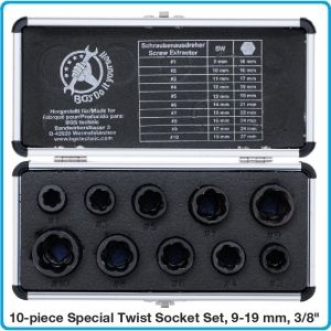 Екстрактори за гайки и винтове от 9-19mm, к-т 10ч на 3/8", BGS, 20210