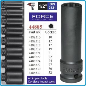 Вложка ударна дълга, дванадесетограм, 1/2", 15 размера, 10-32mm, 12.5mm, Force, 44885-10/32