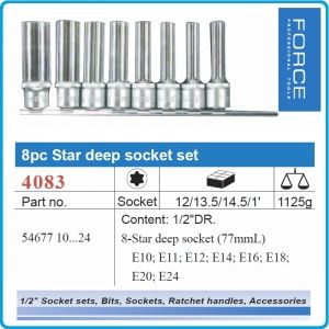 Вложки E-Torx, к-т 8бр, дълги h77mm, E10/24L, на 1/2"-12.5mm, Force, 4083