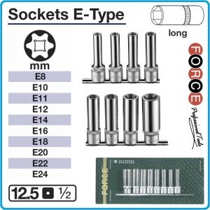 Вложки E-Torx, к-т 8бр, дълги h77mm, E10/24L, на 1/2"-12.5mm, Force, 4083