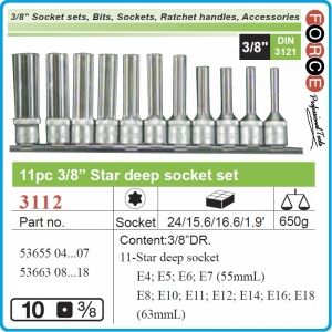 Вложки E-Torx, к-т 11бр, дълги h63mm, E4/18L, на 3/8"-10mm, Force, 3112
