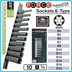 Вложки E-Torx, к-т 11бр, дълги h63mm, E4/18L, на 3/8"-10mm, Force, 3112