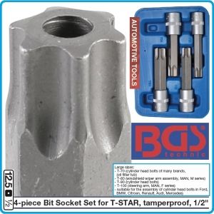 Вложки с накрайници, к-т 4бр, Torx T70H/100H, дълги перфорирани, 1/2", BGS, 5103
