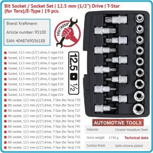 Вложки с накрайници, к-т 19бр, Torx T20/70, E-Torx E10/24, 1/2", Kraftmann, 95100
