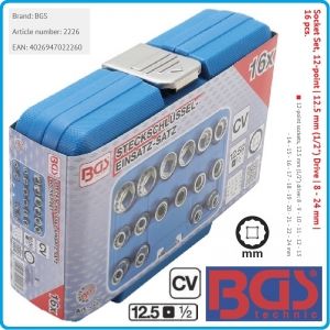 Вложки дванадесетостенни к-т 16бр, от 8-24mm, 1/2", къси бели, BGS, 2226
