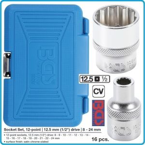 Вложки дванадесетостенни к-т 16бр, от 8-24mm, 1/2", къси бели, BGS, 2226
