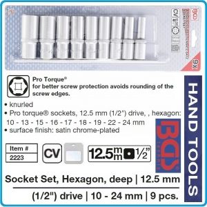Вложки дълги шестограм, бели Pro torque®, к-т 9бр, 10-24mm, захват 1/2", BGS, 2223