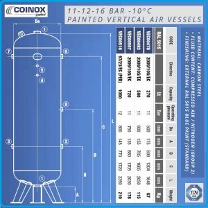 Ресивър, вертикален резервоар за сгъстен въздух, V270 - 1500L, 11Bar, Coinox