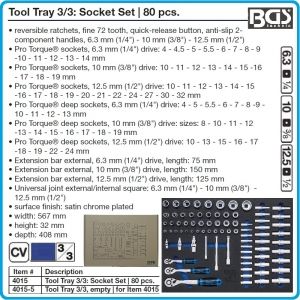 Модул с инструменти 3/3, вложка за количка, 80бр к-т Pro Torque® от 4-32mm на 1/4", 3/8" и 1/2", BGS, 4015