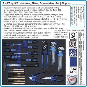 Модул с инструменти 3/3, вложка за количка, 36бр PH, SL, Torx, клещи и избивачи, BGS, 4038