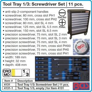 Модул с инструменти 1/3, вложка за количка, 11бр отвертки комплект SL, PH, BGS, 4131.