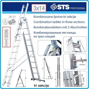 Стълба алуминиева трираменна, 3х14 стъпала, комбинирана 9.6m, Profi, STS, A09A3400.