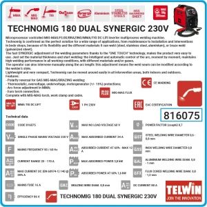 Телоподаващ апарат, CO2, 230V, 170А, за MIG-MAG/MMA/TIG, Telwin, TECHNOMIG 180, 816075.