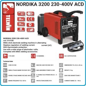 Електрожен 190A, MMA заваръчен апарат, Ø2-4mm, NORDIKA 3200 230-400V ACD, Telwin, 814180.