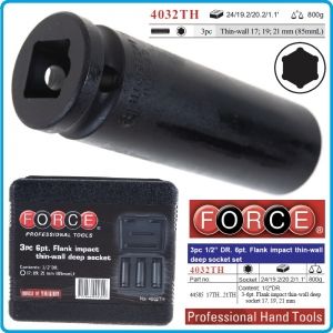 Вложки ударни, к-т 3бр, тънки и дълги, на 1/2", 17/19/21mm, h85mm, Force, 4032TH.