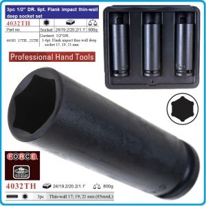 Вложки ударни, к-т 3бр, тънки и дълги, на 1/2", 17/19/21mm, h85mm, Force, 4032TH.