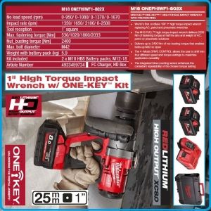 Гайковерт акумулаторен, ударен на 1", 2033 Nm, 18V 8.0Ah, One-Key, Milwaukee, M18O-F1-802X.