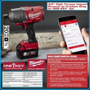 Гайковерт акумулаторен, ударен на 3/4", 1627 Nm, 18V 5.0Ah, One-Key, Milwaukee, M18O-F34-502X.