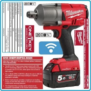 Гайковерт акумулаторен, ударен на 3/4", 1627 Nm, 18V 5.0Ah, One-Key, Milwaukee, M18O-F34-502X.