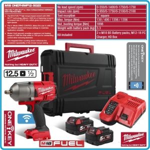 Гайковерт акумулаторен, ударен на 1/2", 1356 Nm, 18V 5.0Ah, One-Key, Milwaukee, M18O-F12-502X.