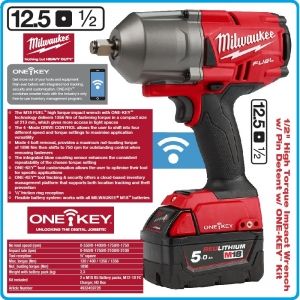 Гайковерт акумулаторен, ударен на 1/2", 1356 Nm, 18V 5.0Ah, One-Key, Milwaukee, M18O-F12-502X.