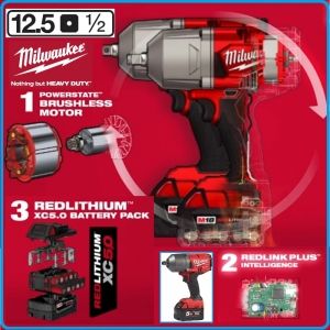Гайковерт акумулаторен, ударен на 1/2", 1356 Nm, 18V Li-Ion 5.0Ah, Milwaukee, M18-F12-502X.