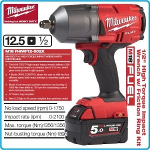 Гайковерт акумулаторен, ударен на 1/2", 1356 Nm, 18V Li-Ion 5.0Ah, Milwaukee, M18-F12-502X.