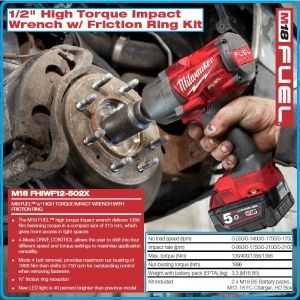 Гайковерт акумулаторен, ударен на 1/2", 1356 Nm, 18V Li-Ion 5.0Ah, Milwaukee, M18-F12-502X.
