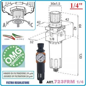 Филтър с регулатор и манометър, кондензоотделител на 1/4" или 1/2", 18Bar, 2000l/min, OMG, 723-33FRM