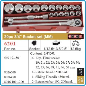 Гедоре, дванадесетостен 20ч. на 3/4", вложки 19-50mm к-т, Force, 6201